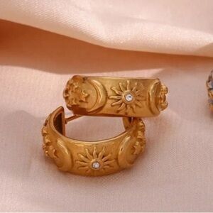 Thick Embossed Moon Sun Star Pattern Chunky Hoop Earrings Gold plated Waterproof